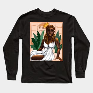 Cleopatra Queen Black is beautiful black woman art with crown, white dress and braids, brown eyes and dark brown skin ! Long Sleeve T-Shirt